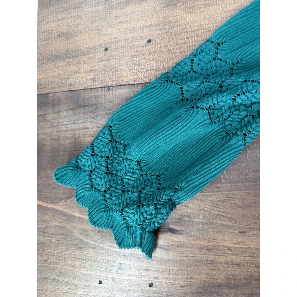 Free People Fire Island Crochet Knit Top XS Teal Green Lace Boho Peplum Blouse